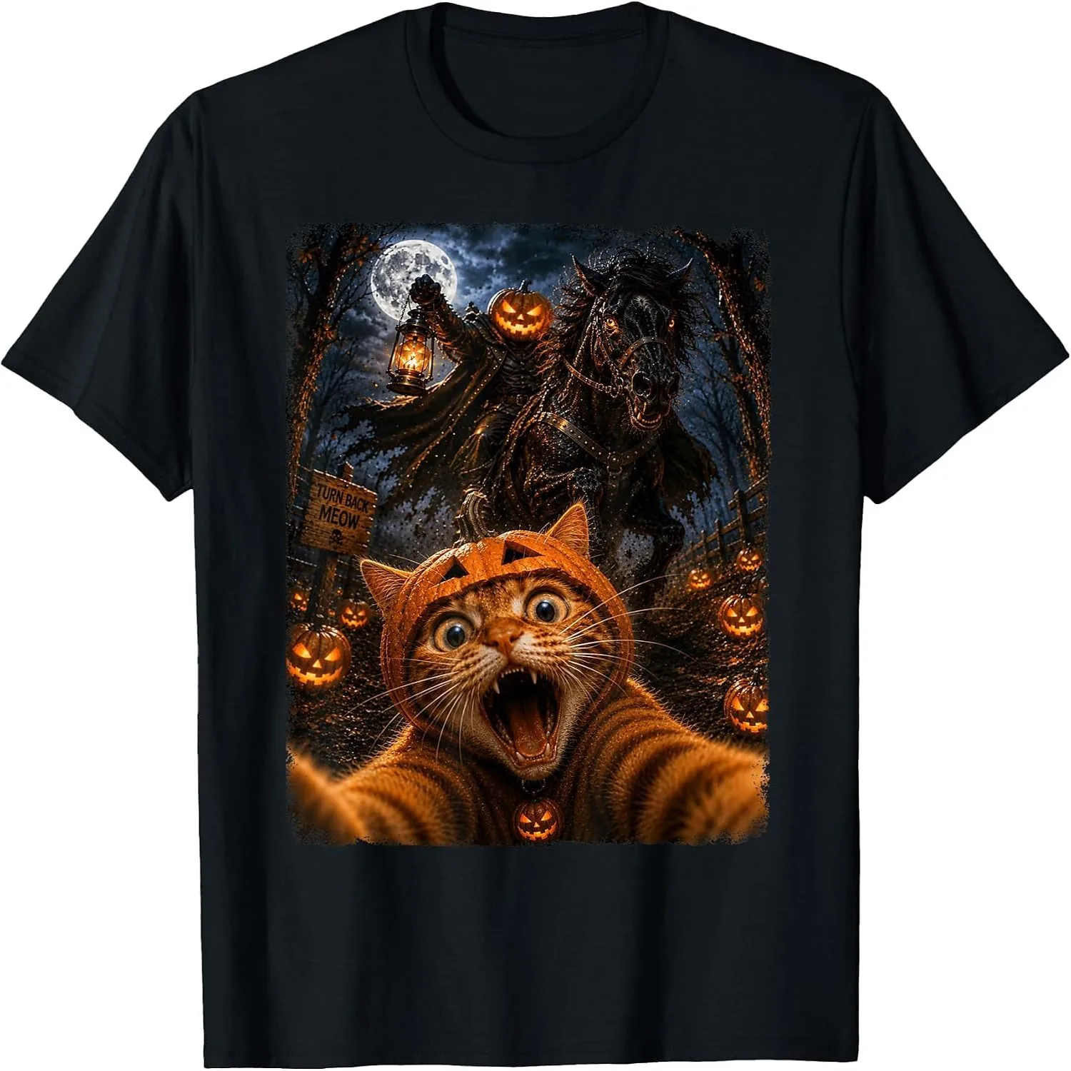 Funny Halloween Selfie Cat Horseman Pumpkins Moon Night T-Shirt Cotton t-shirt, Vintage t-shirt,