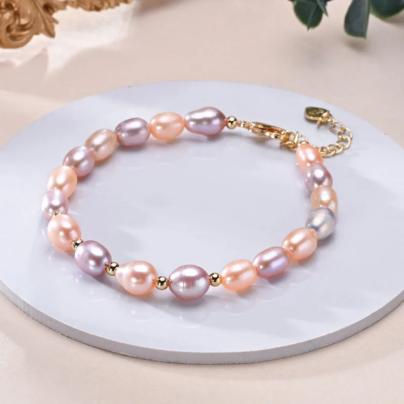 

HENGSHENG 6-7mm Rice Shape Freshwater White Pink Purple Mixed Color Bracelet 925 Sterling Silver Jewelry Gifts for Women Girls