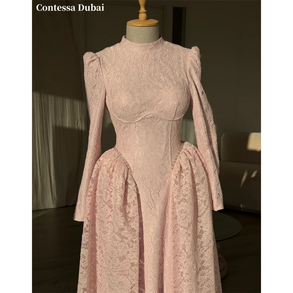 Contessa Custom Pink High Neck Evening Dress Lace A-Line Prom Dresses Pearl Vestidos De Noche Formal Evening