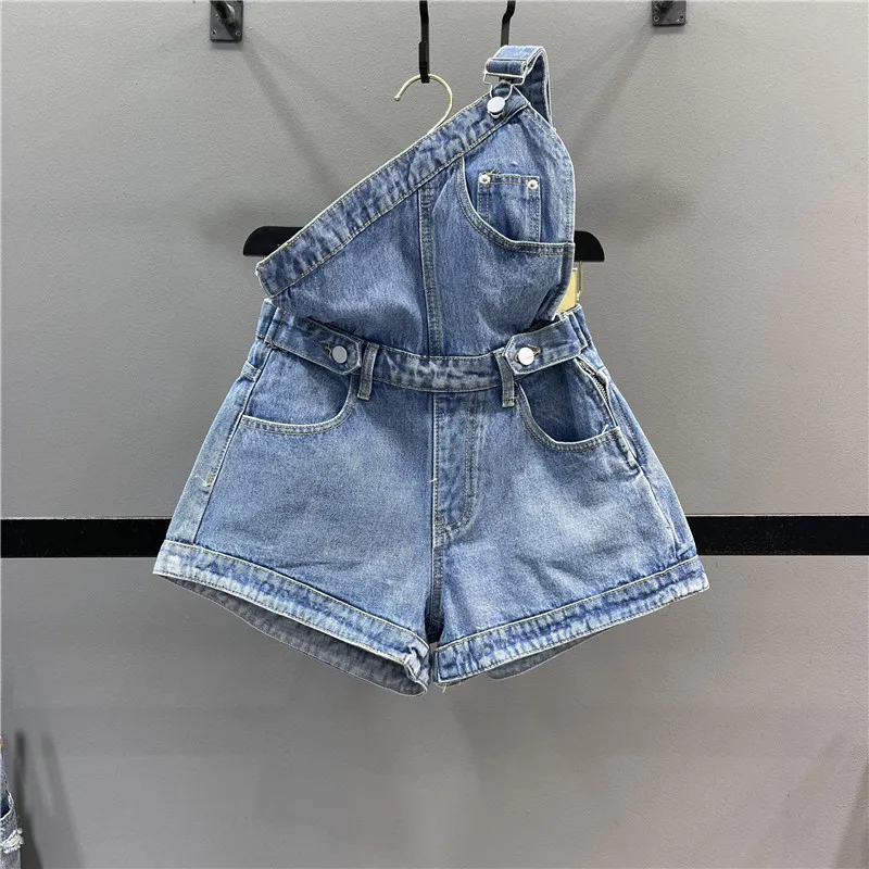 Women Denim Overalls Bib Adjustable One Shoulder Rompers Solid Color Wide Legs One Piece Loose Jumpsuits Button Street Outfit