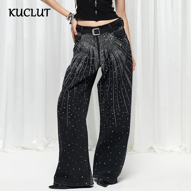 

KUCLUT 2025 Summer New Fashion Rhinestone Jeans For Women Loose High Wasit Wide Leg Denim Pants Female Trendy 1A280