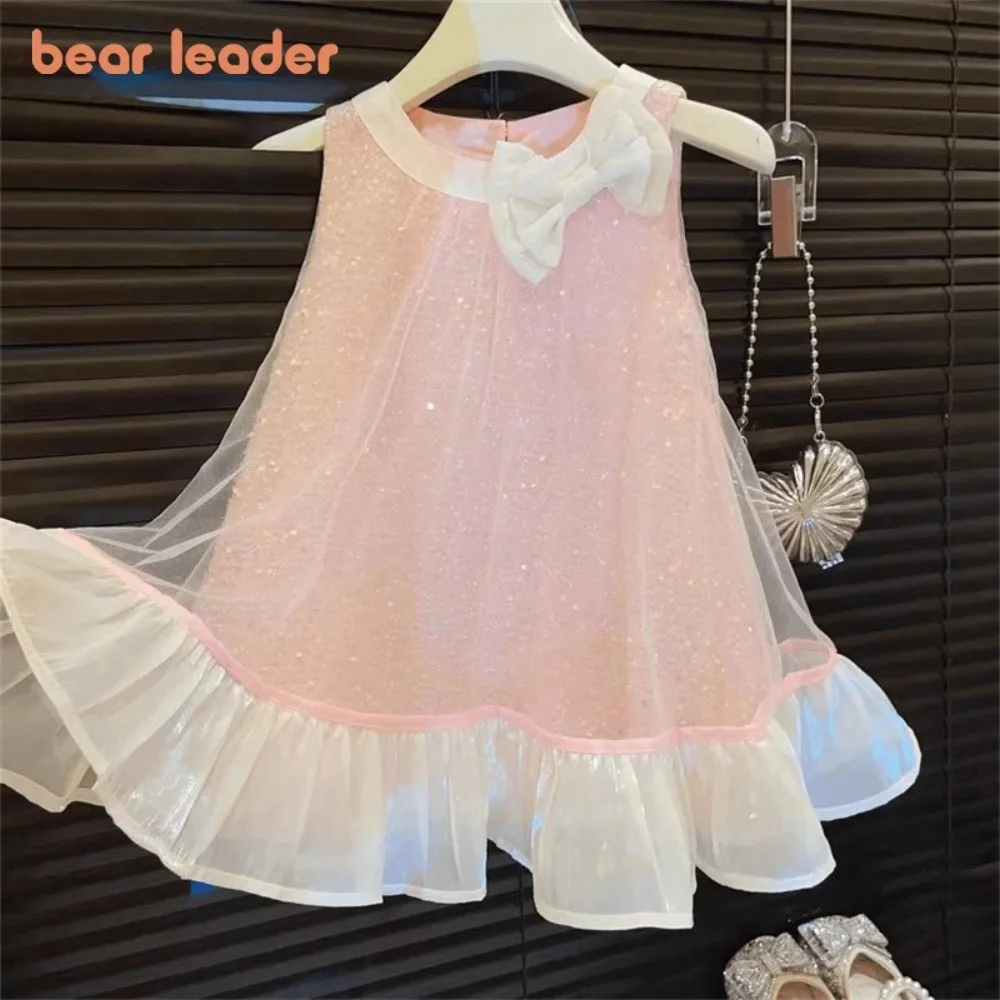 Bear Leader Korean Version Bow Sequin Mesh Princess Dress Sweet Sleeveless Round Neck Party Girl Clothes Kids Fashion Summer