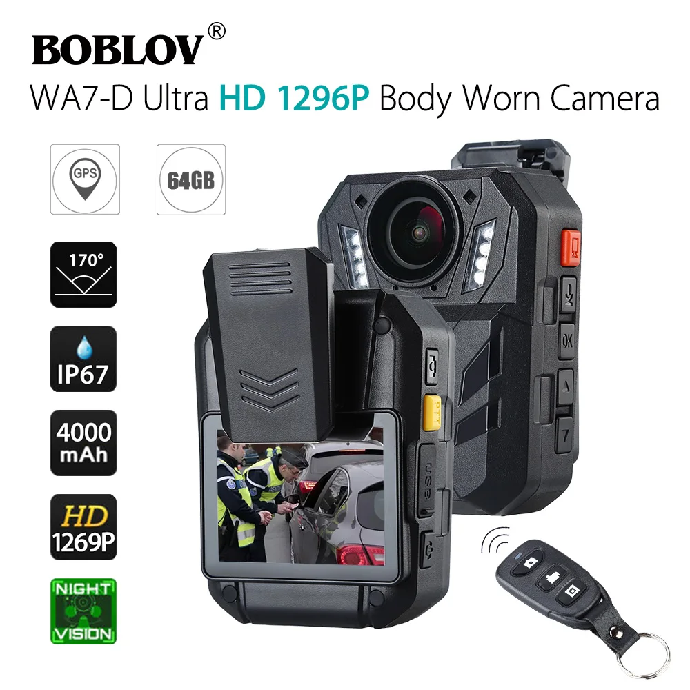 

BOBLOV WA7-D Mini Camara Policial 64G Video Recorder Body Camera HD1296P Remote Control Mini Comcorders Guard bodyCam Police