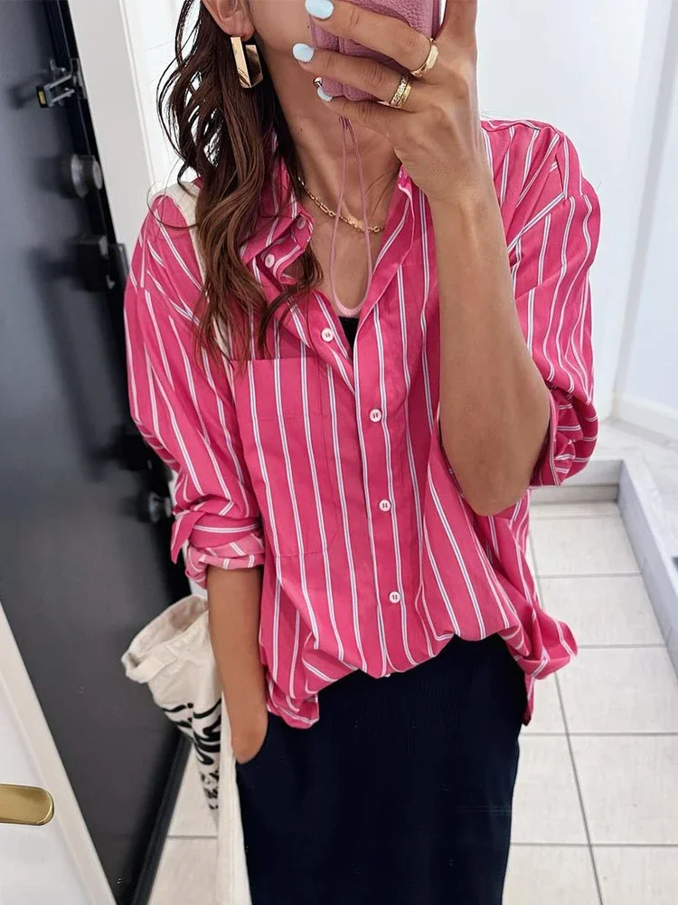 

2025 Casual Pink Striped Women Shirt Chic Chic Long Sleeve Single Breasted Loose Shirts Summer Lady Daily Commute Street Wear