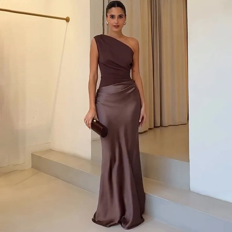 

Elegant One Shoulder Prom Evening Maxi Dress for Women Patchwork Sleeveless Ruched Long Dress Lady Satin Party Gown Verstidos