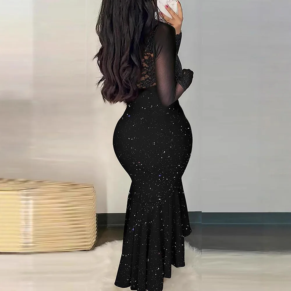 Abito da donna primavera estate lungo scollo a V in pizzo con volant impiombato abito da sera nero a vita alta