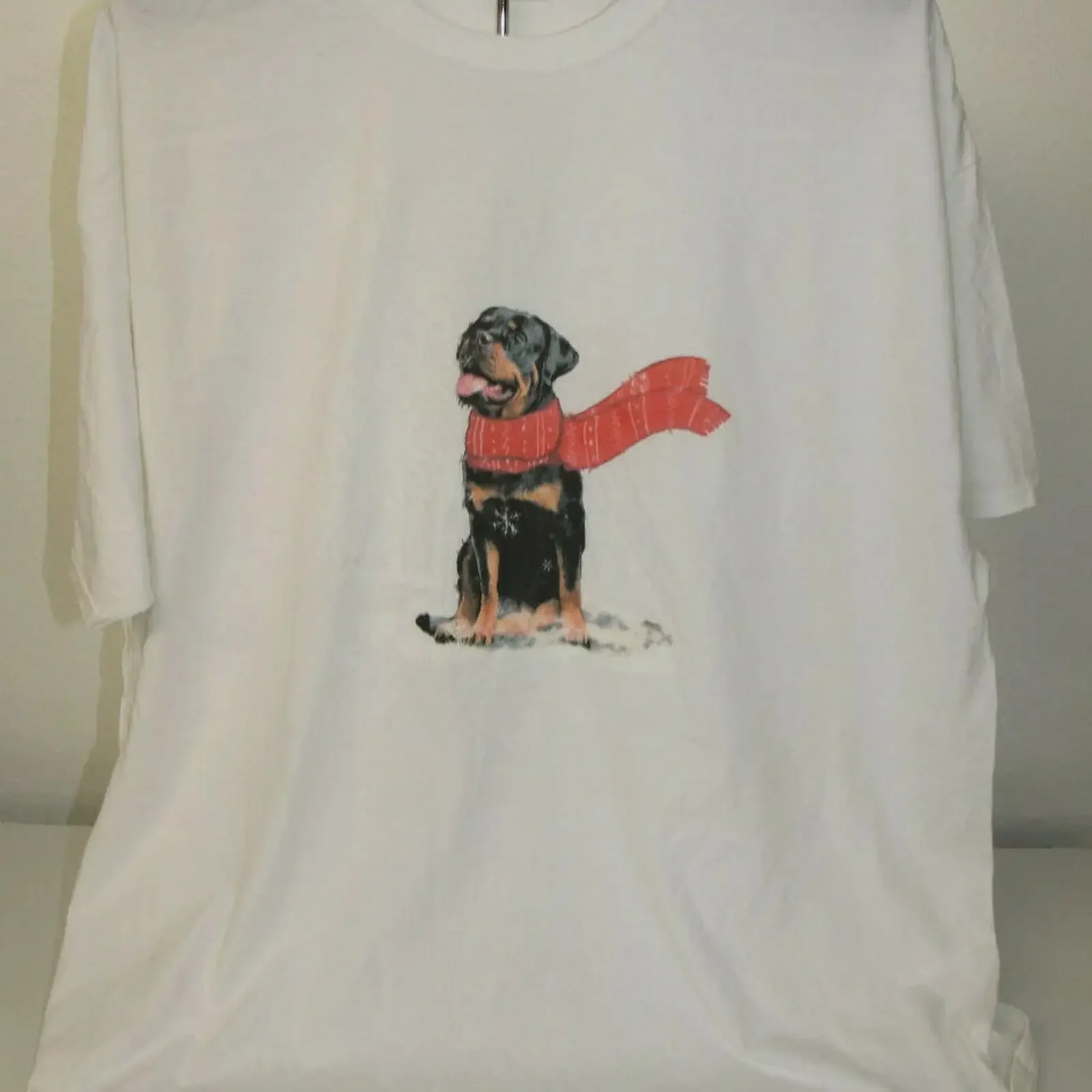 Rottweiler wearing a scarf in the snow T Shirt 4XL White vintage Washed Breathable Soft Casual Top For Everyday Wear graphic