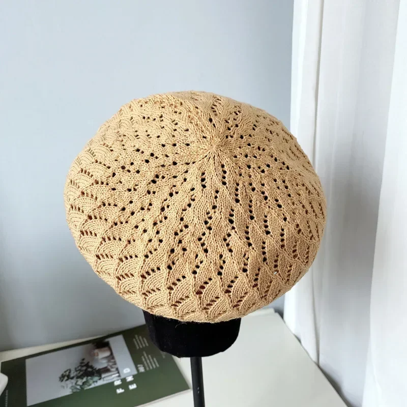 Sombreros de boina de verano para mujer, Gorro plano de punto, Boina hueca, sombrero de pintor francés, gorra para el sol