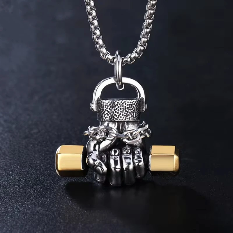 Weight Lifting Dumbbell Pendant Fitness Necklace Bodybuilding Gym Stainless Steel Weights Barbell Men Necklace Fitness Jewelry