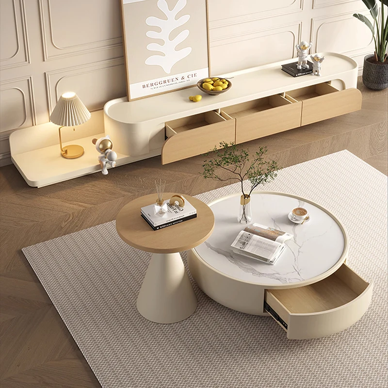 White Cream Tea Table Living Room Household Simple Home Table Small House Internet Circular Modern Plate Small Furniture