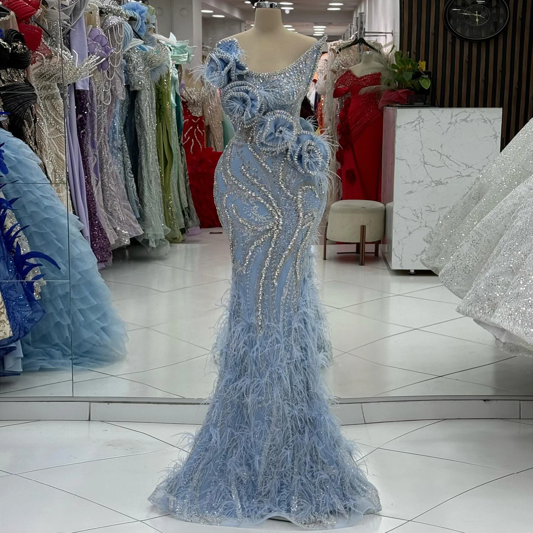 

Luxury Mermaid Beading Feather Evening Dress 3D Large Flower Women Formal Party Prom Customized