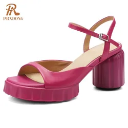 PRXDONG Women's Shoes 2024 Summer Qulaity Real Leather Chunky High Heels Platform Black Beige Dress Party Wedding Female Sandals