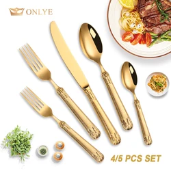4/5 Pcs Golden Mirror Hollow Handle Flatware Gold Black PVD Tableware Stainless Steel Cutlery Set