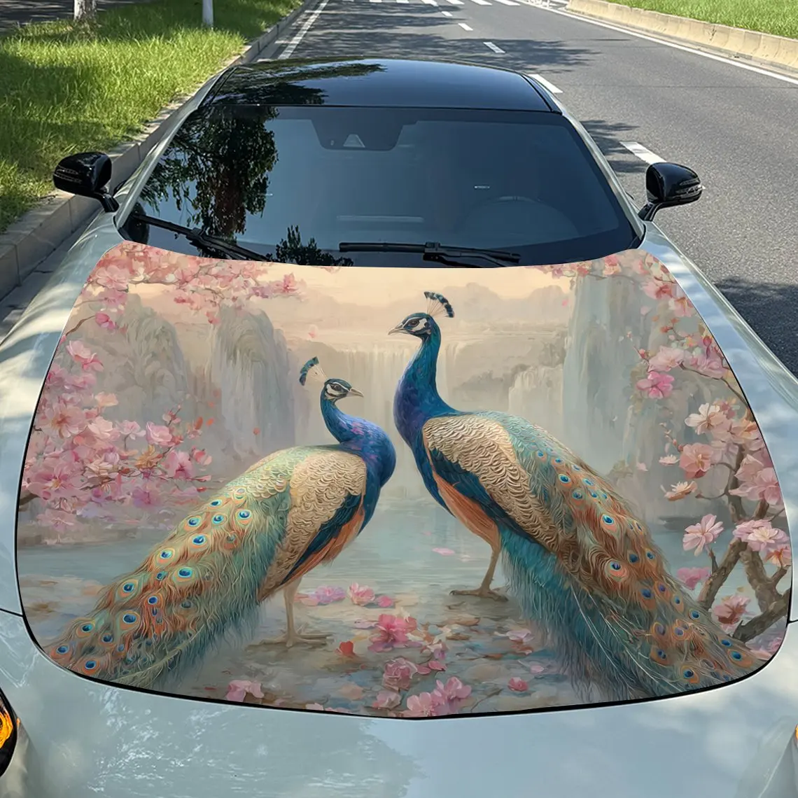 

Car Decals Realistic Peacocks with Resplendent Plumage Amidst a Scene of Delicate Pink Blossoms Car Hood Sticker, Waterproof Sel