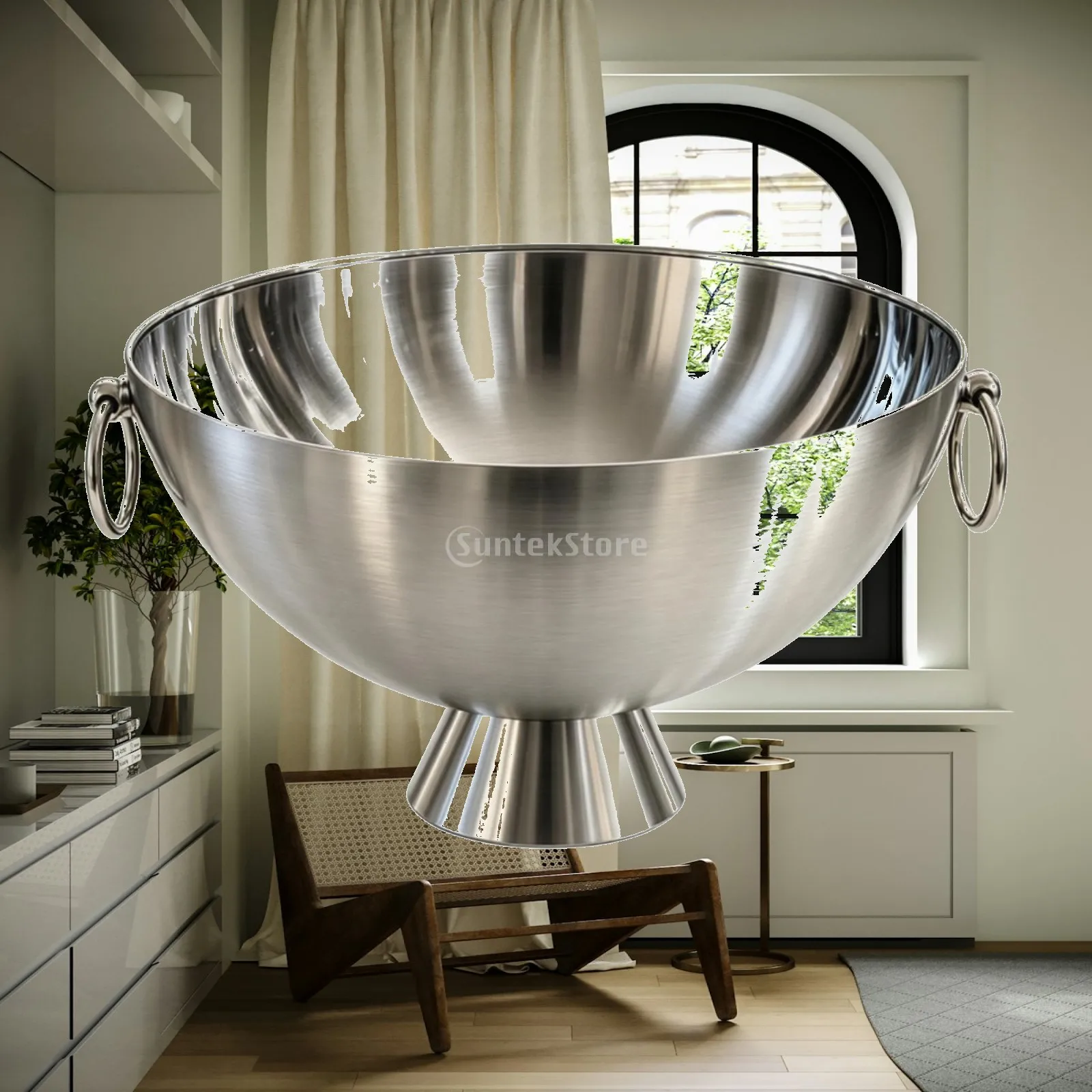 Wide Bowl Stainless Steel Ice Chiller with Pedestal Base for Keeping Bottled Drinks Cold Serving