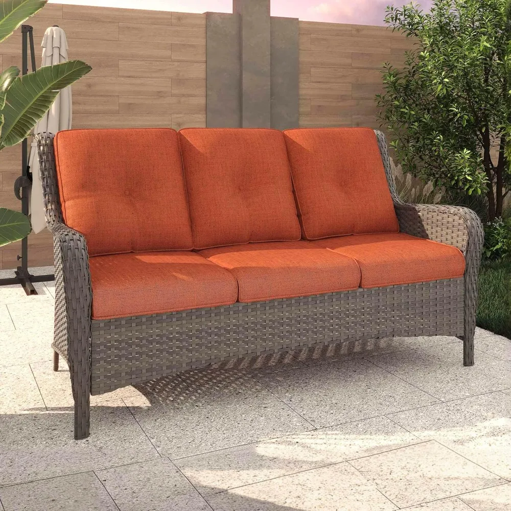 Outdoor Couch Patio Sofa 3 Seater, Wicker Sofa with Seat and Back Cushion, Lounge Couch Furniture for Porch