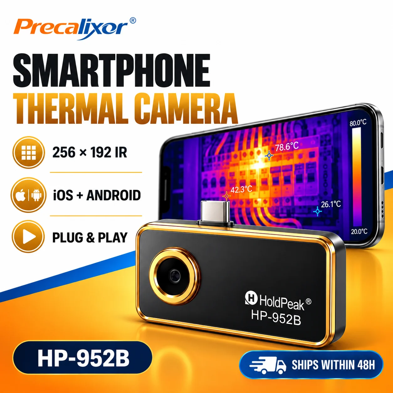 256x192 Smartphone Thermal Camera 25Hz Infrared Imager for iPhone Android -20°C to 550°C IP54 Portable IR Temperature Detector