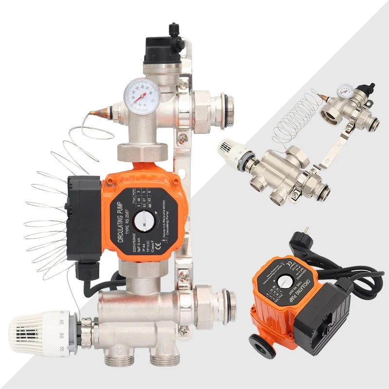 DN25 stainless steel heating manifold kit with flow meter, mixing pump, and adjustable mechanism. Includes 3/4