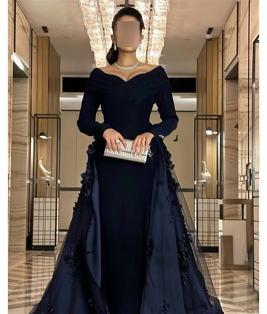 

MCDV Customized Graceful Jersey Mermaid Off the Shoulder Beading 3D Flowers Evening Dress High Quality V-Neck Party Gowns
