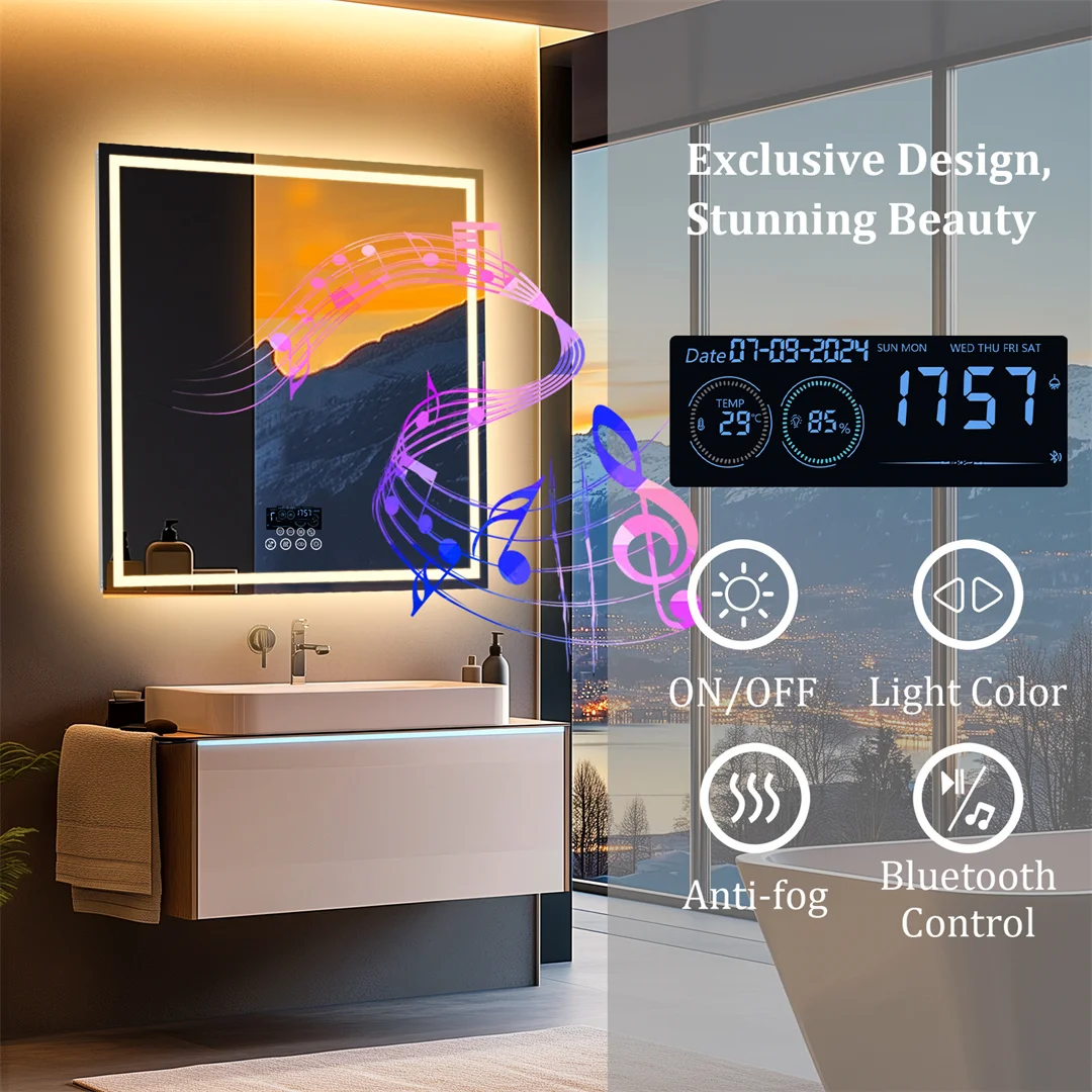 

LUVODI 32 Inch Square Lighted Bathroom Mirror with Bluetooth Speaker Wall Vanity Mirror with Time Date Temperature Display