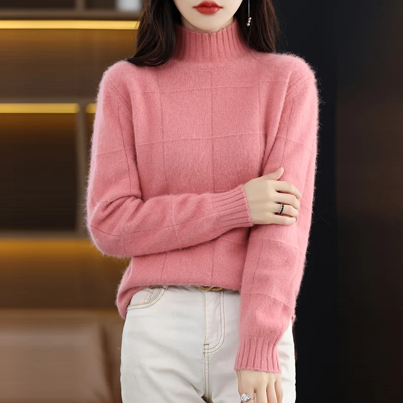 Autumn and Winter New High Collar Women\'s Sweater 100% Pure Mink Cashmere Knitted Pullover Solid Color Slim Fit Fashion Top