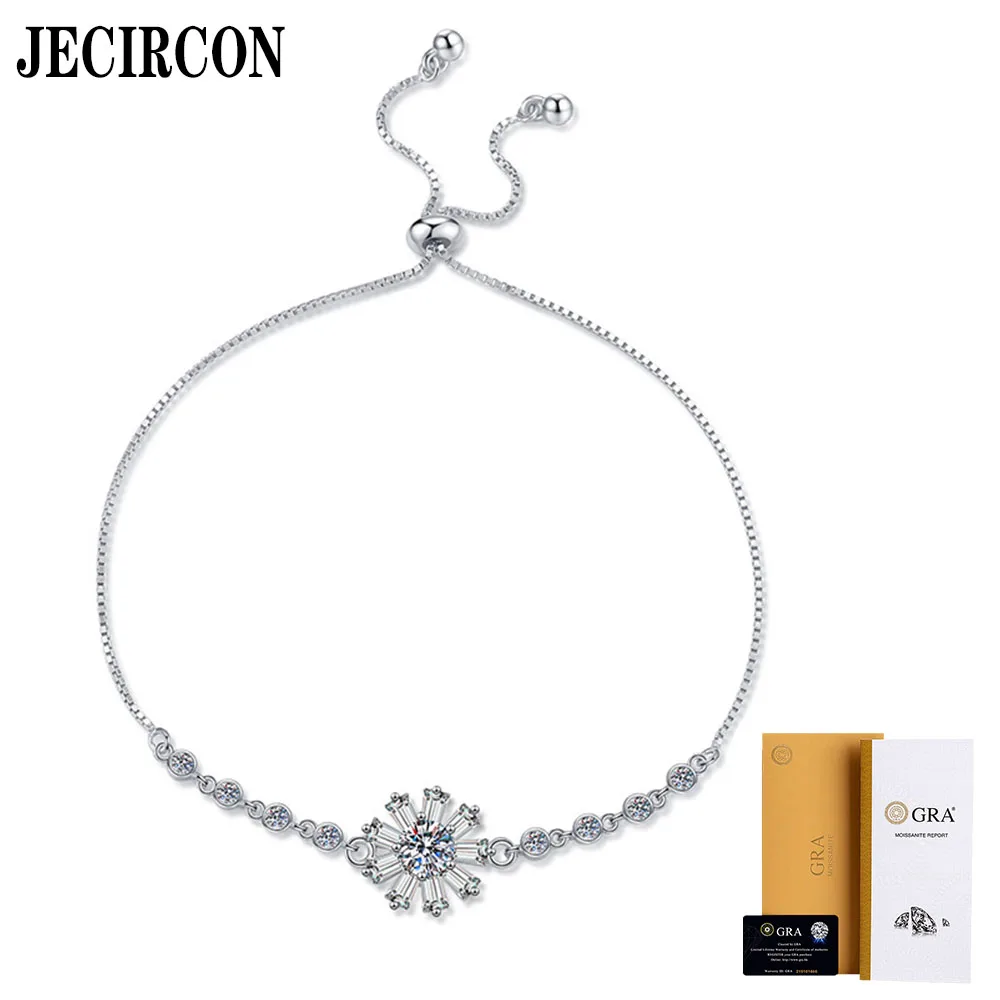 JECIRCON S925 Sterling Silver Bracelet for Women 0.5 Carat Moissanite Sunflower Light Luxury  Hand Chain Push-pull Adjustable