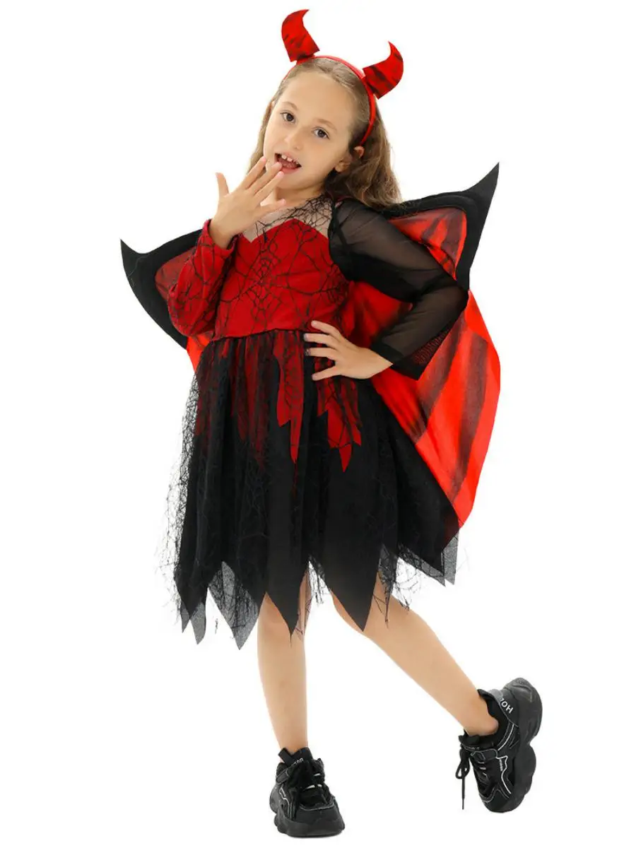 Nieuwe aankomst kinderprestatiekostuum heksenhoed gevouwen Halloween-outfit spinnenweb vleermuis gewaad polyester materiaal
