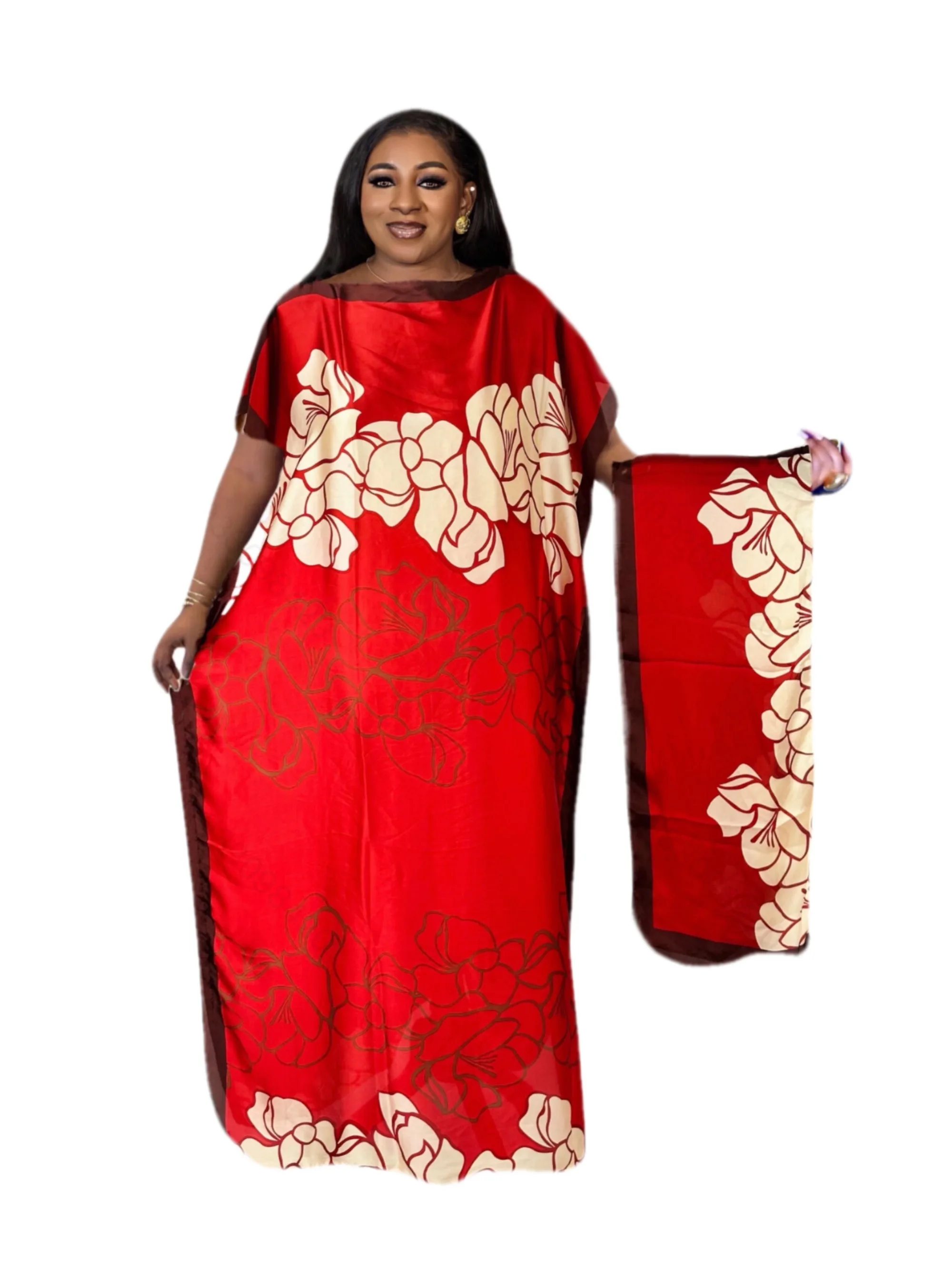 Plus Size Printed Kaftan Dress, Modern Round Neck Short Sleeved Maxi Dress with A Headscarf, Women's Plus Size Clothing