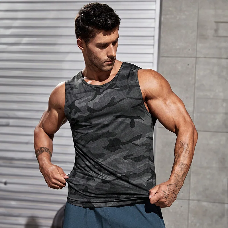 Mens Fitness Tank Top Summer Camouflage Fitness Sleeveless Sports Top Casual Bottom Shirt Fitness Running Mens Tank Shirt