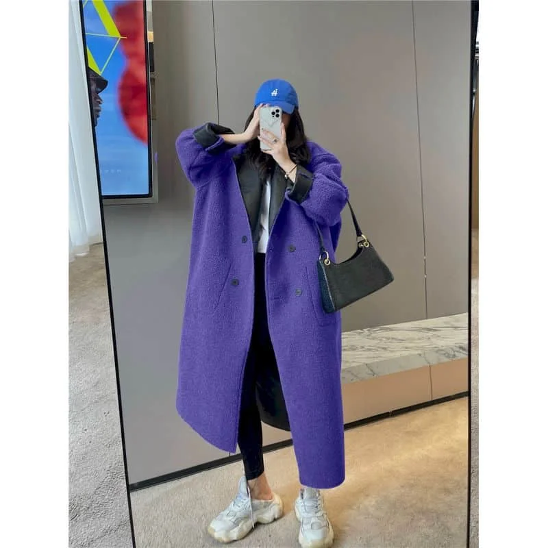 PU Leather Coats for Women Two Sided Dressing Long Sleeved Lapel Ankle Length Fleece Cardigans Oversized Winter Lambhair Jackets