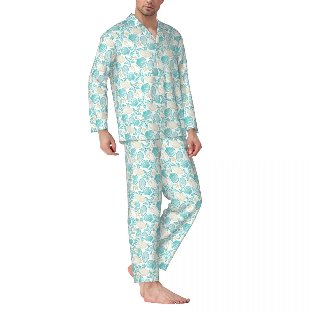 Pyjama's Man Beachy Zeeschelpen Kamer Nachtkleding 2-delig Casual losse pyjamasets Comfortabel oversized thuispak met lange mouwen