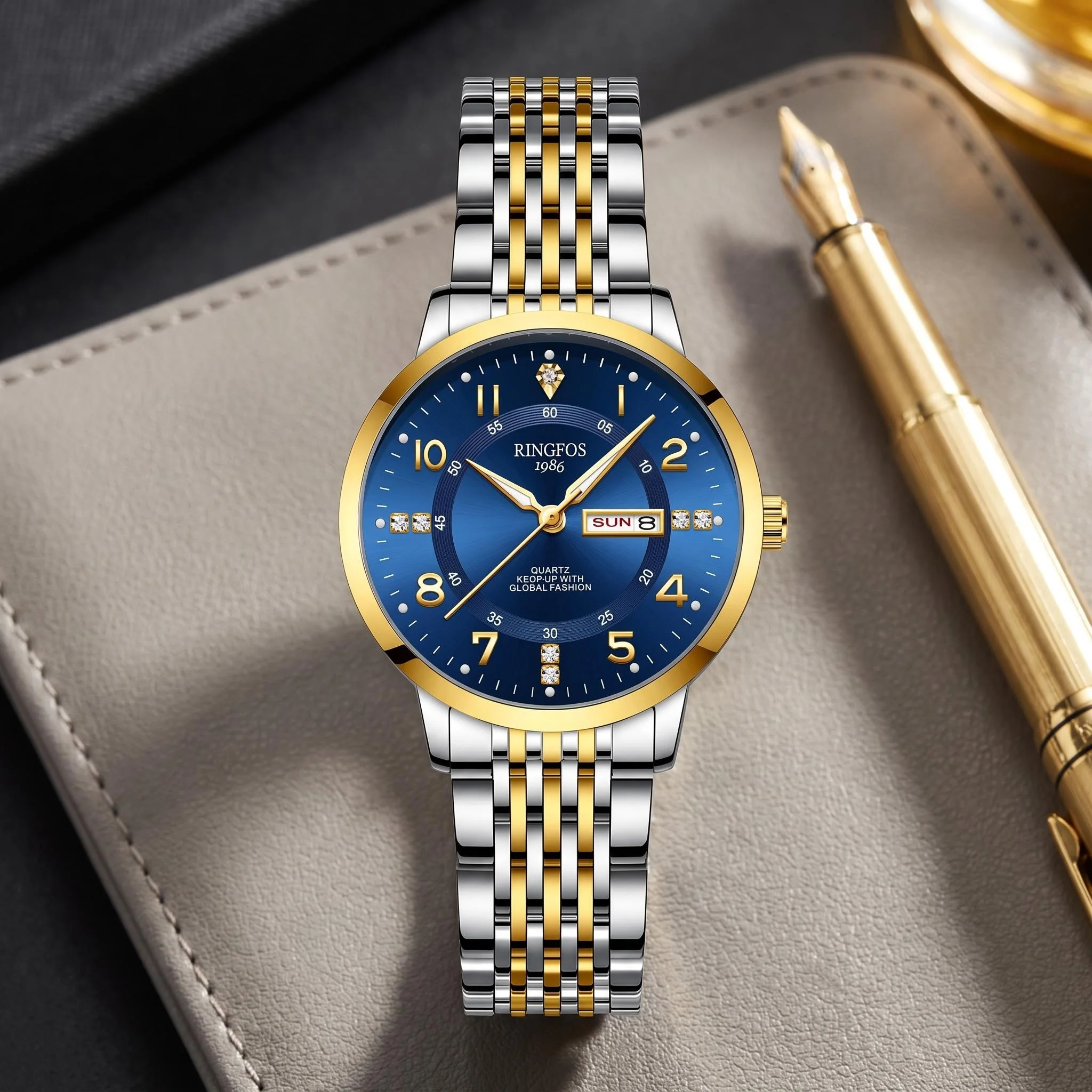Women's quartz watch with an elegant blue sub-dial and a high-quality stainless steel bracelet—a gift every girl will love.