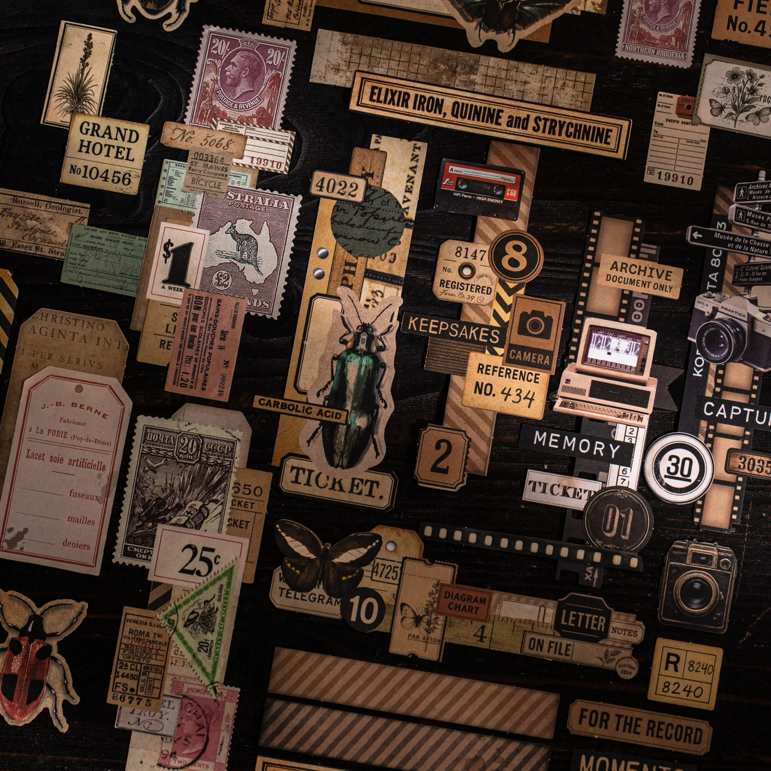 30 Sheets Vintage Memory Series Border Insect Collage Stickers for Scrapbooking DIY Frame Decals Computer Laptop Phone Luggage