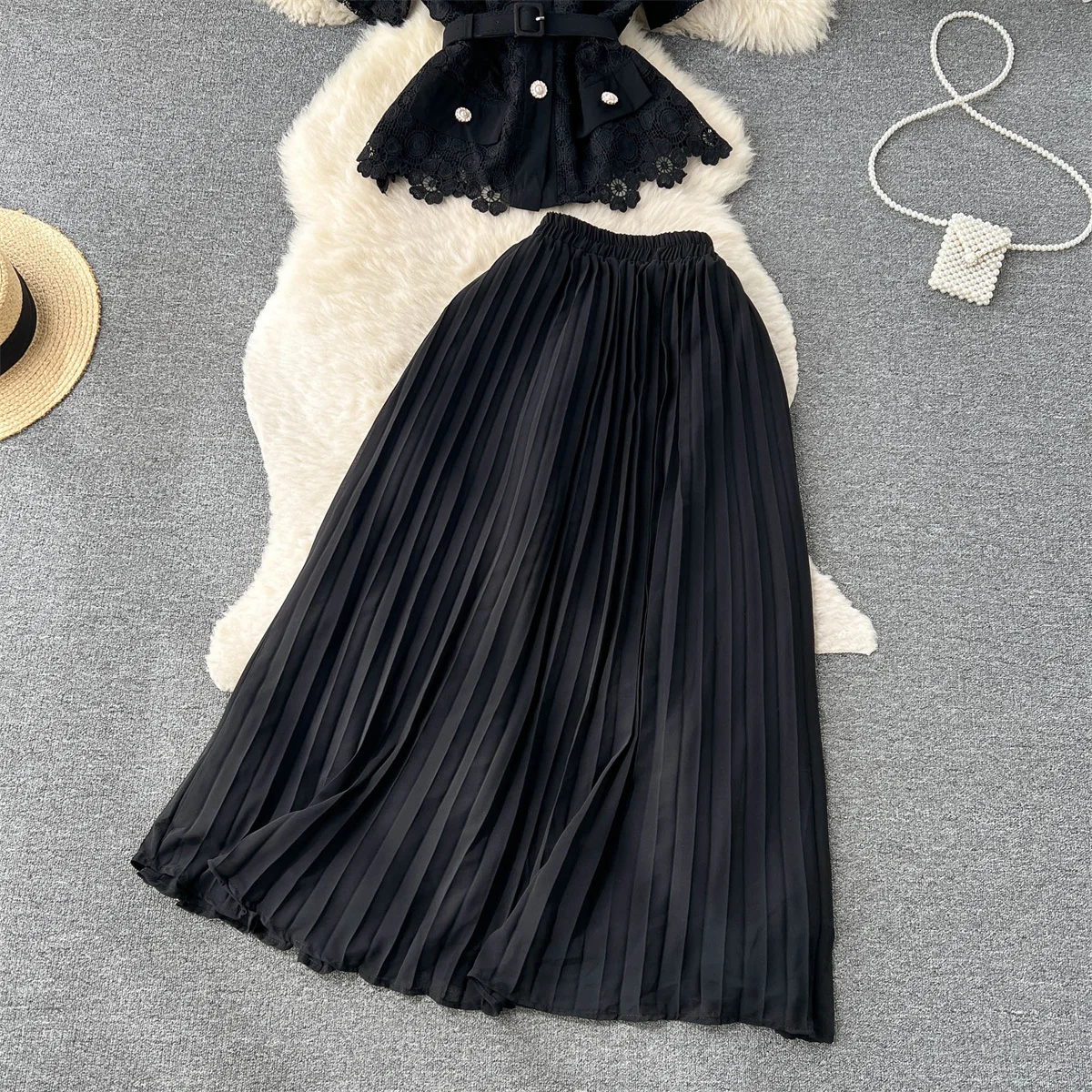Women Chic French Two Pieces Sets Lapel Short Sleeve Shirt Elegant High Waitst A-line Pleated Skirt Chiffon Fashion Summer Sets