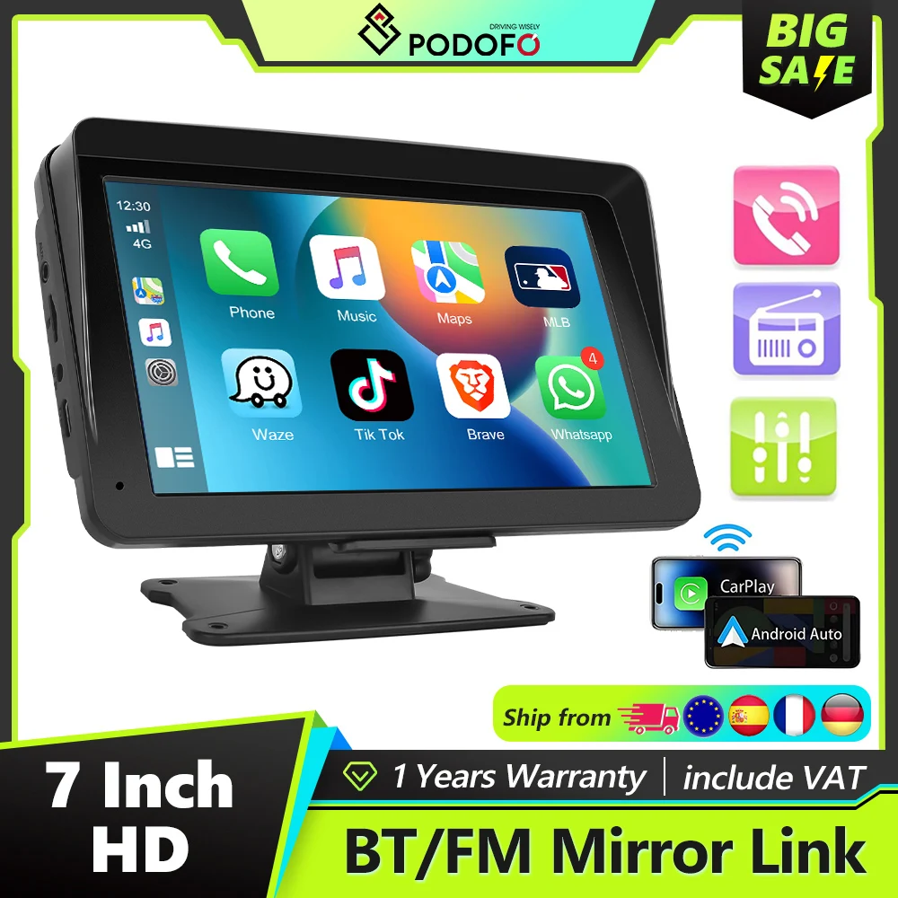 Monitor de coche Podofo de 7 pulgadas con Carplay, radio, Android Auto, reproductor multimedia para coche, GPS, navegación, Air Play, control por voz, audio para coche y camión