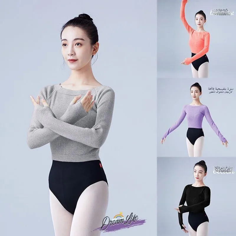 

Women's Dance Sweater Long Sleeve Finger Loop Coat Shoulder Wrap Warm Grey Fitting Practice Uniform Top Spring Autumn