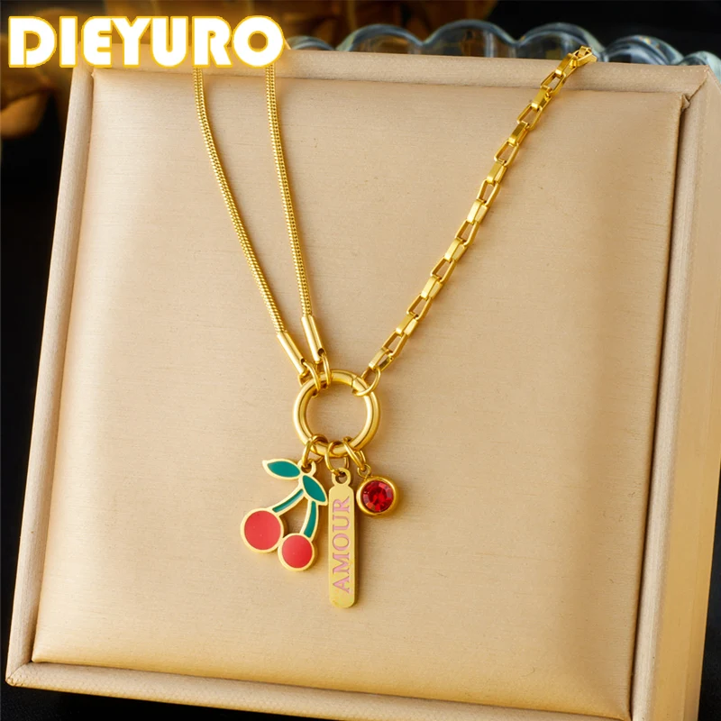 DIEYURO 316L Stainless Steel Red Cherry Zircon AMOUR Letter Pendant Necklace Women New Trend Fashion Neck Ab Chain Jewelry Gift