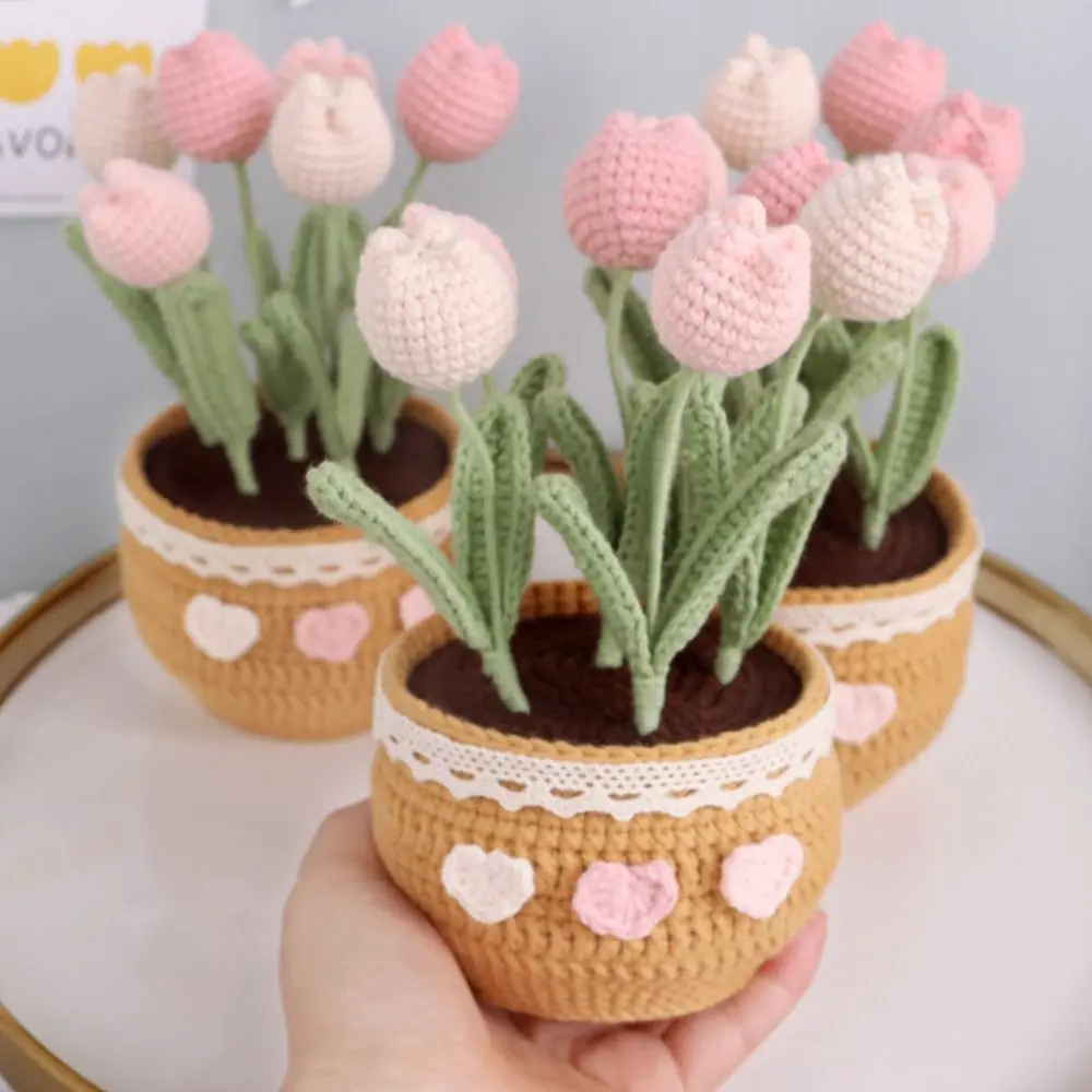 Handmade Tulip Potted Flower Bundle Decoration DIY Crochet Material Bag Self Made Decoration