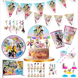 Pink Sailor Moon Cartoon Baby Shower Disposable Tableware Set Paper Cup Plates Banner Background Birthday Party Decorate Supply