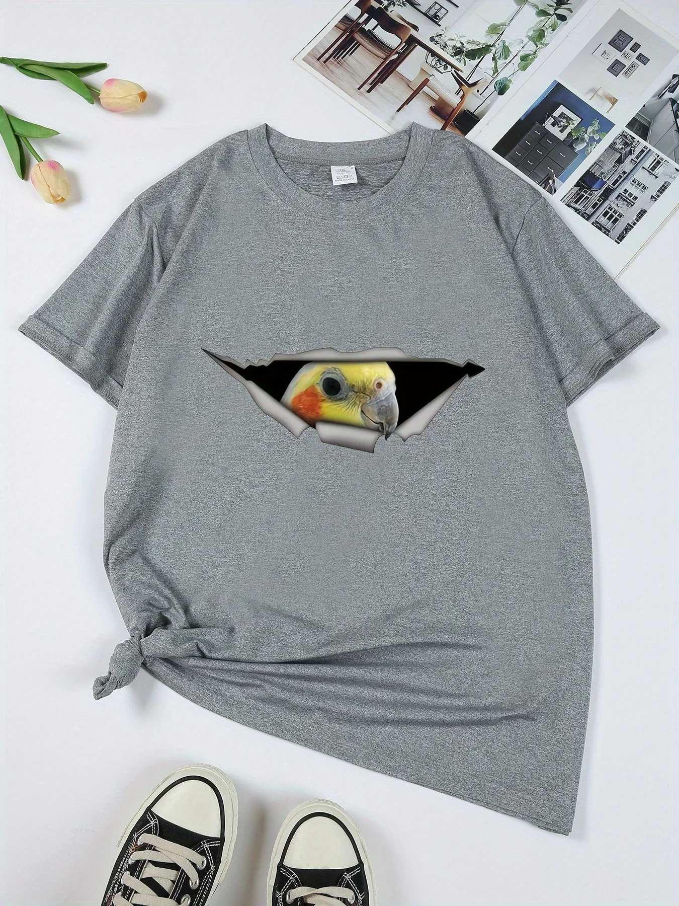 Women\'s Casual Sporty T-Shirt Animal Parrot Eye Print Comfort Fit Short Sleeve Tee Fashion Breathable Casual Top