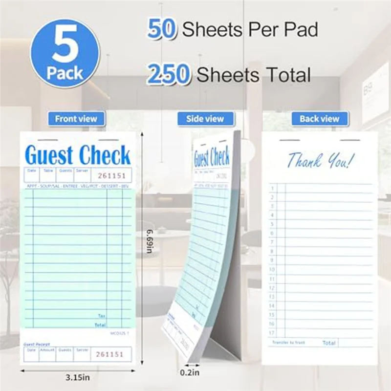 A23E-5 Pack Guest Check Books, Server Note Pads For Restaurant, Green Waiter Checkbook, Restaurant Order Pad 50 Sheets/Pack