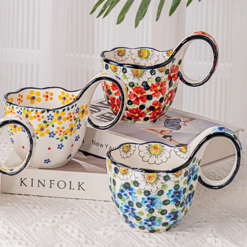 

Керамическая кружка ручной работы с цветочным узором в стиле ретро, кофейная чашка, кружка для молока, домашний офис, чашка для завтрака, овсянка, керамическая чайная кружка