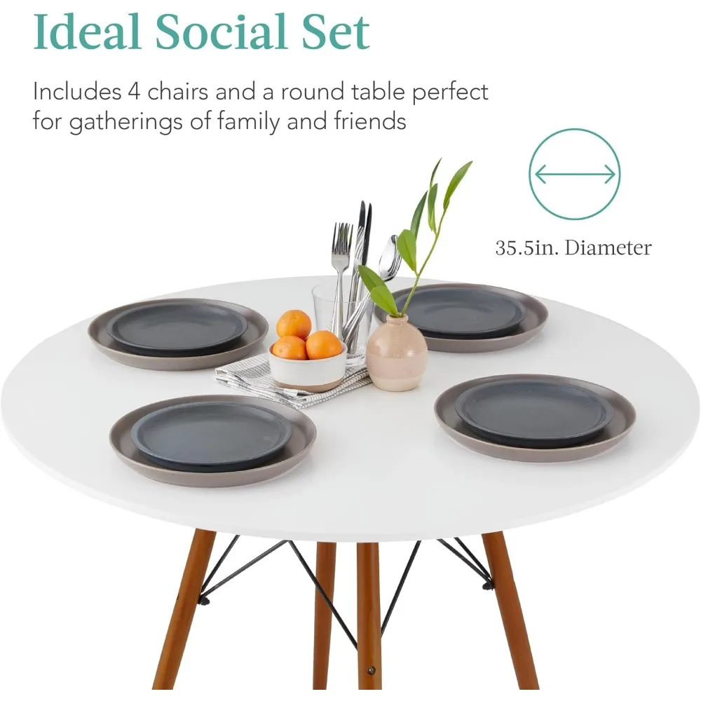 5-Piece Dining Set, Compact Mid-Century Modern Table & Chair Set for Home, Apartment w/ 4 Chairs, Plastic Seats, Wooden Legs