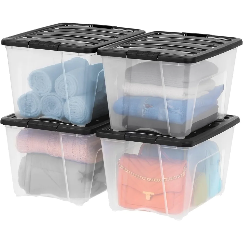 54 Qt Stackable Plastic Storage Bins with Lids, 4 Pack - BPA-Free, See-Through Organizing Solution, Latches