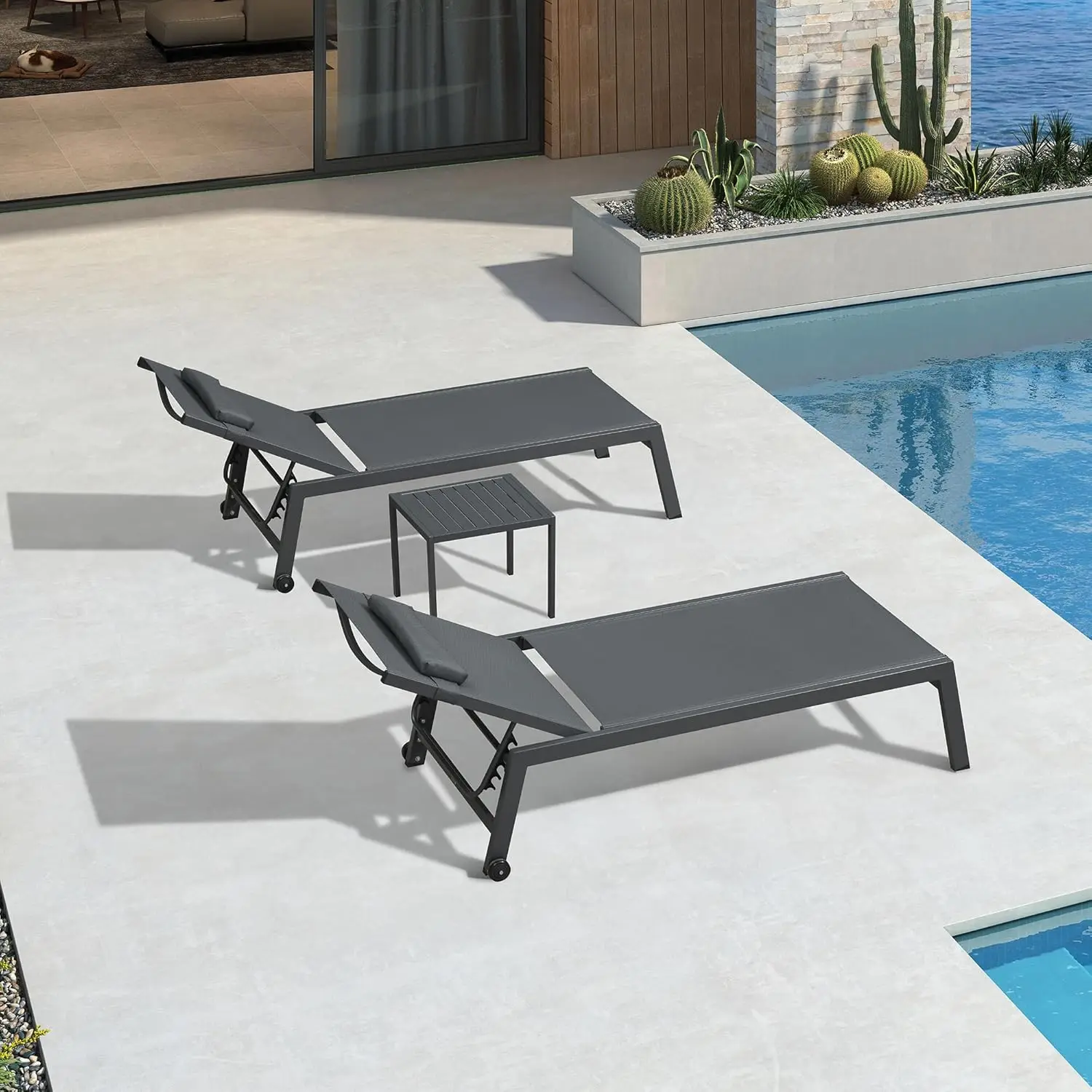

Outdoor Oversized Lounge Chair Set of 3 Patio Chaise Pool Lounger Aluminum Frame Pillows Gray
