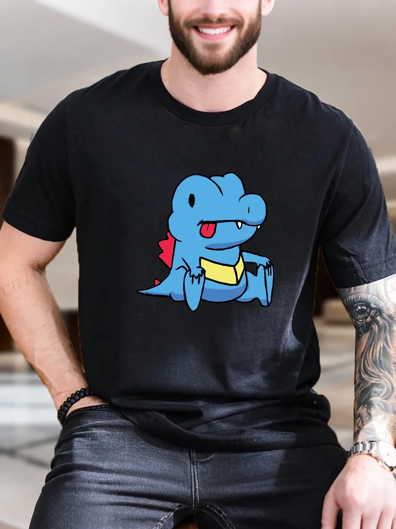 

New Arrival Fashion Men's Blue Dragon Print T-Shirt 100% Cotton Breathable Casual Tee Trendy Summer Comfort Fit Yellow C
