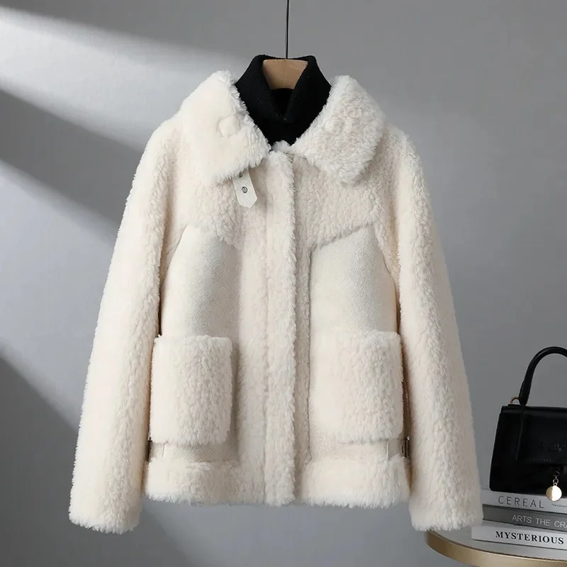 

2023 Winter New Grain Sheep Fleece Coat Spliced with Leather and Wool One Piece Korean Locomotive Lamb Wool Coat Women's Trend