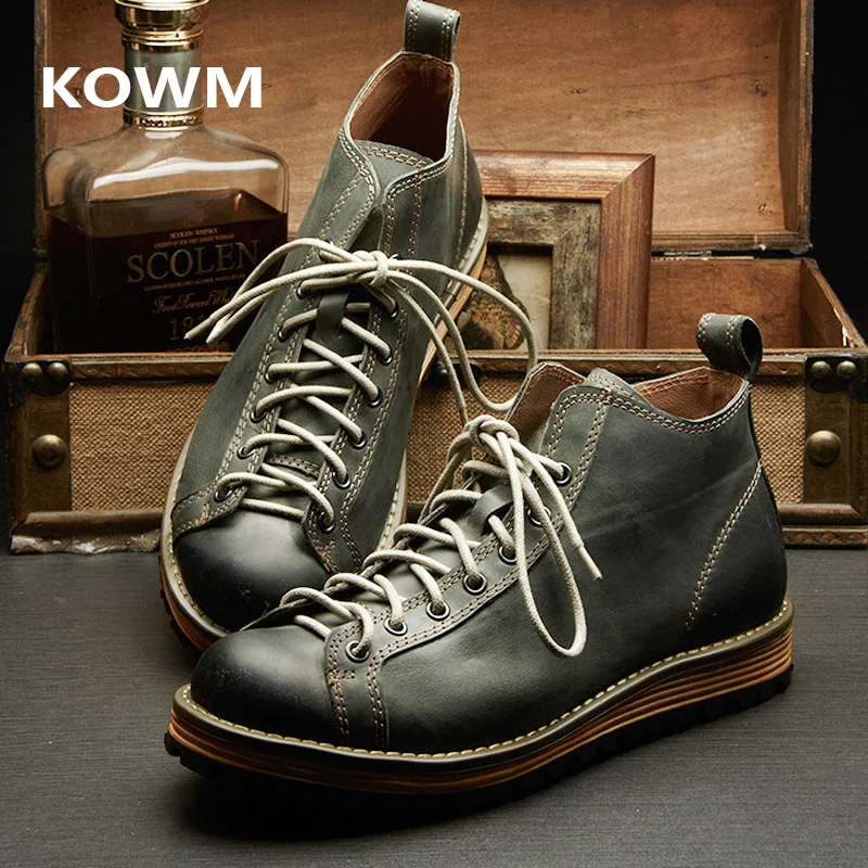 KOWM buty turystyczne męskie buty do chodzenia brytyjskie grube podeszwy skóra bydlęca wysokie buty motocyklowe trampki do kostki codzienne buty trekkingowe