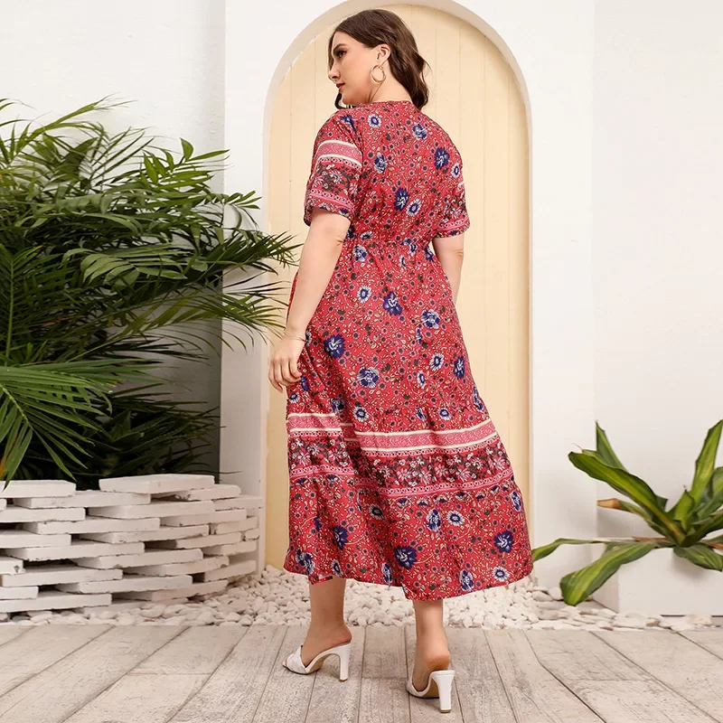 Hot selling oversized retro floral dress with bohemian lace V-neck long skirt plus size women clothing