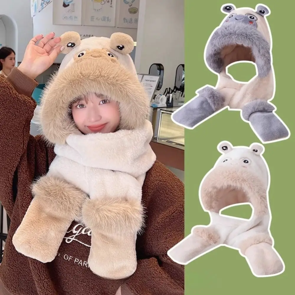 New Cute Frog Hat Scarf Gloves Plush Winter Ear Protection Cap Thicken Outdoor Riding Scarf